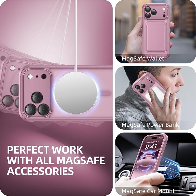 BERFY for iPhone 17 Pro Max Case, Compatible with MagSafe, Built-in Glass Screen Protector, Camera Protection, Shockproof Full Body Phone case 6.9", Translucent Palevioletred