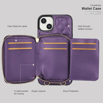 Bocasal Crossbody Wallet Case for iPhone 14 Plus, RFID Blocking PU Leather Zipper Handbag Purse Flip Cover, Kickstand Folio Case with Card Slots Holder Wrist Strap Lanyard 5G 6.7 Inch (Dark Purple)