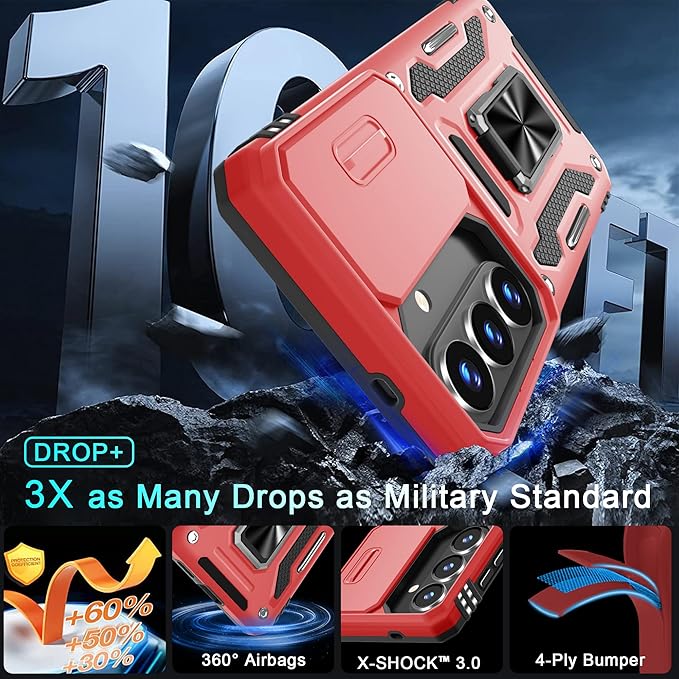 DEERLAMN Case for Samsung Galaxy A37 5G with Slide Camera Cover+Screen Protector (1 Pack), Rotated Ring Kickstand Military Grade Shockproof Protective Cover-Red