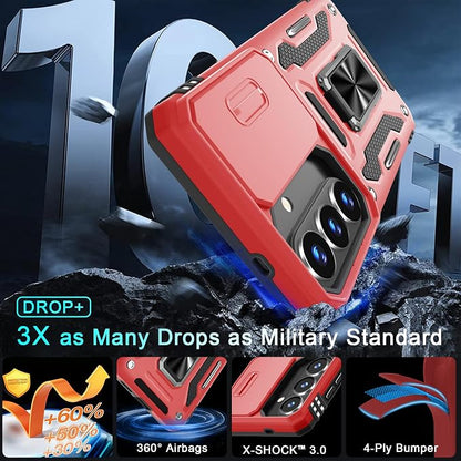 DEERLAMN Case for Samsung Galaxy S26 6.3-Inch with Slide Camera Cover+Screen Protector(1 Pack), Rotated Ring Kickstand Military Grade Shockproof Protective Cover-Red