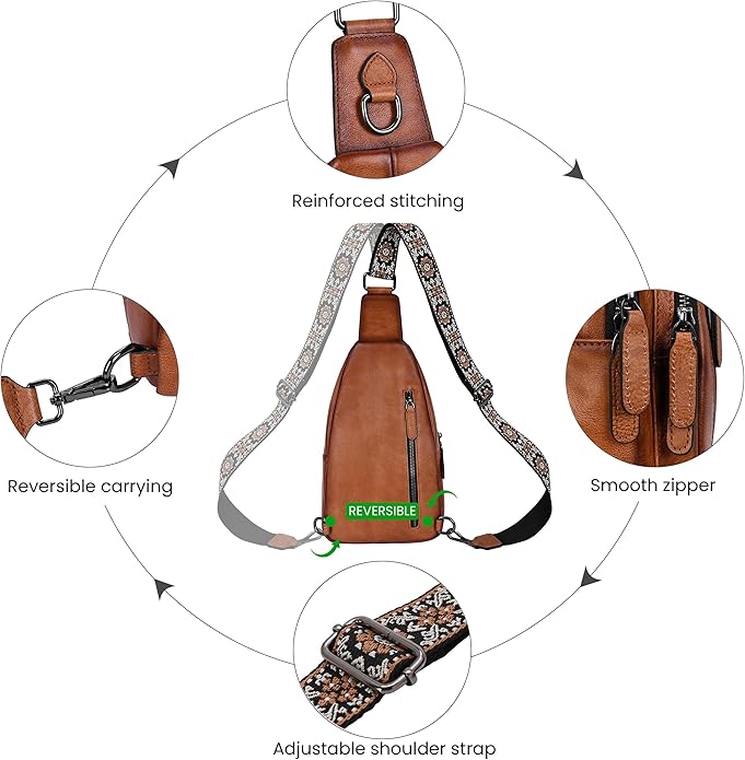 HESHE Leather Sling Bag for Women Crossbody Bags with Multi-Pocket Stylish Fanny Packs for Travel Chest Bag