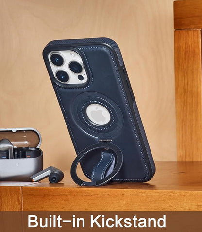 for iPhone 13 Pro Leather Case with Stand, Anti-Slip Grip Ring, Fits for MagSafe (Blue, iPhone 13 Pro)
