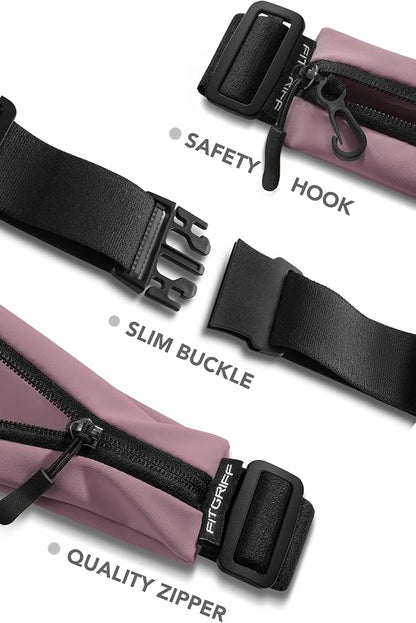 Fitgriff® Running Belt V2 for Men & Women - Slim Fanny Pack, Phone Holder for Jogging, (Fits All Cell Phones) - Money Belt, Runners Waist Pouch (Dusty Rose, One Size (Waist 24.4 – 43.3 inches))