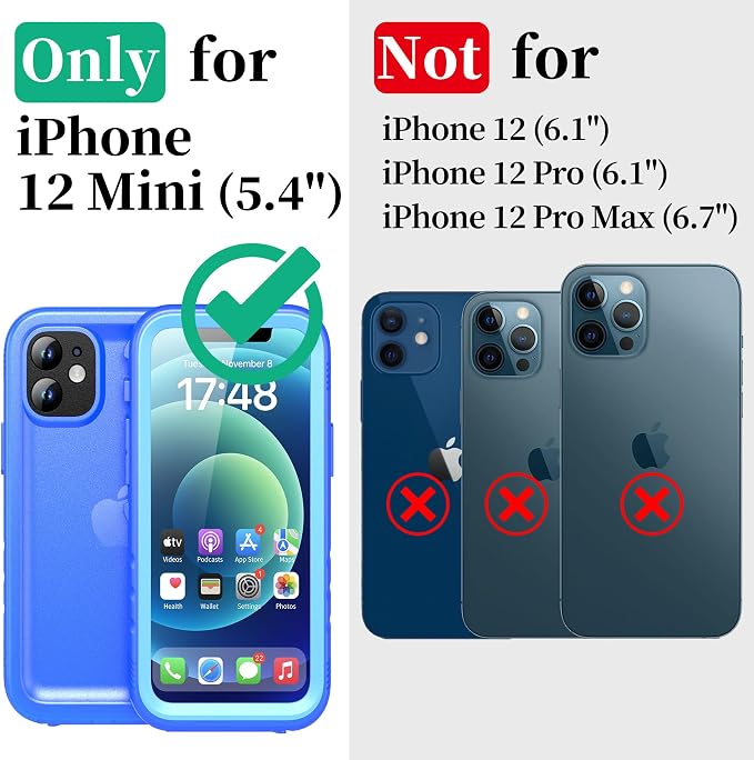 Cozycase Compatible with iPhone 12 Mini Waterproof Case - Full Body Rugged Dustproof Shockproof Case with Built-in Screen Protective Case for iPhone 12 Mini 5.4 inch (Blue)