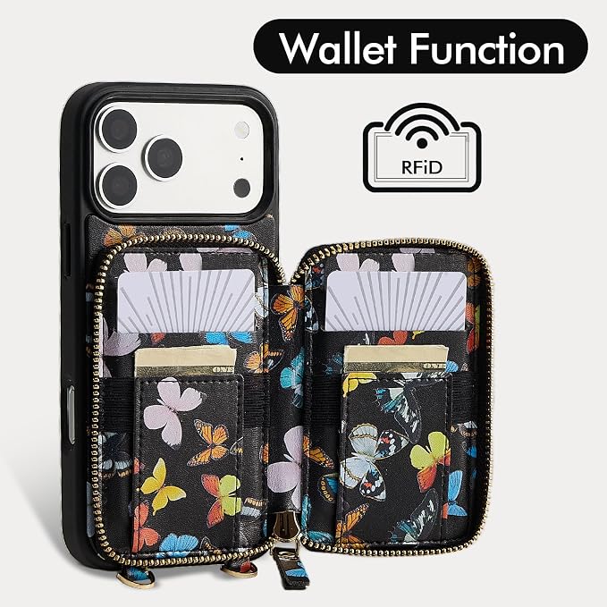 ZVE for iPhone 17 Pro Max Wallet Case with Card Holder,RFID Blocking Crossbody Chain Phone Cover for Women 6.9" Butterfly