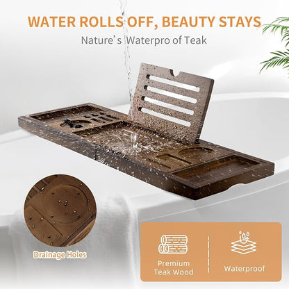 FLYJOE Wood Bathtub Tray Table - Foldable Bath Tray for Tub with Expandable Handles, Wine Glass & Phone Holder, Book Stand - Enhance Home Spa Experience with Natural TeakMaterial, Walnut