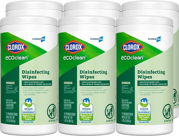 CloroxPro Clorox EcoClean Disinfecting Wipes, Multipurpose 100% Plant Based Cleaning Cloths, Antibacterial Disinfectant, Safe for Multi Surface Use, 75 Count (Pack of 6)