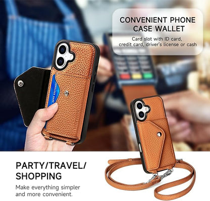 LUCKYCOIN for iPhone 17 Crossbody Wallet Case – Genuine Leather Phone Purse with Adjustable Strap and Card Holder,Lanyard Phone Purse Case for Women,Pebble Grain Brown