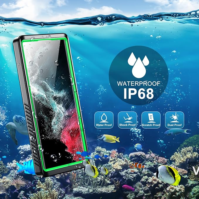 SPIDERCASE Designed for Samsung Galaxy S22 Ultra Case, Waterproof Built-in Screen Protector Full Protection Heavy Duty Shockproof Case, Green/Clear