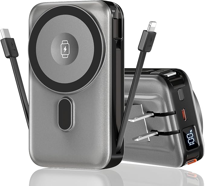 Magnetic Wireless Portable Charger for iPhone, 17000mAh 35W Wireless Power Bank with Wall Plug Built-in Cables, 6-in-1 Battery Pack with Stand, LCD Display for iPhone 16/15/14,Apple Watch