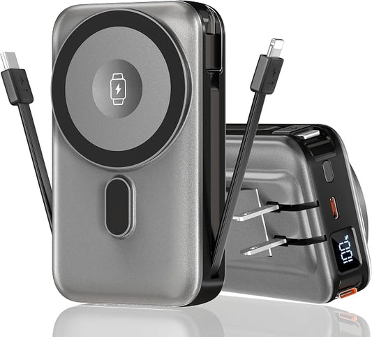 Magnetic Wireless Portable Charger for iPhone, 17000mAh 35W Wireless Power Bank with Wall Plug Built-in Cables, 6-in-1 Battery Pack with Stand, LCD Display for iPhone 16/15/14,Apple Watch