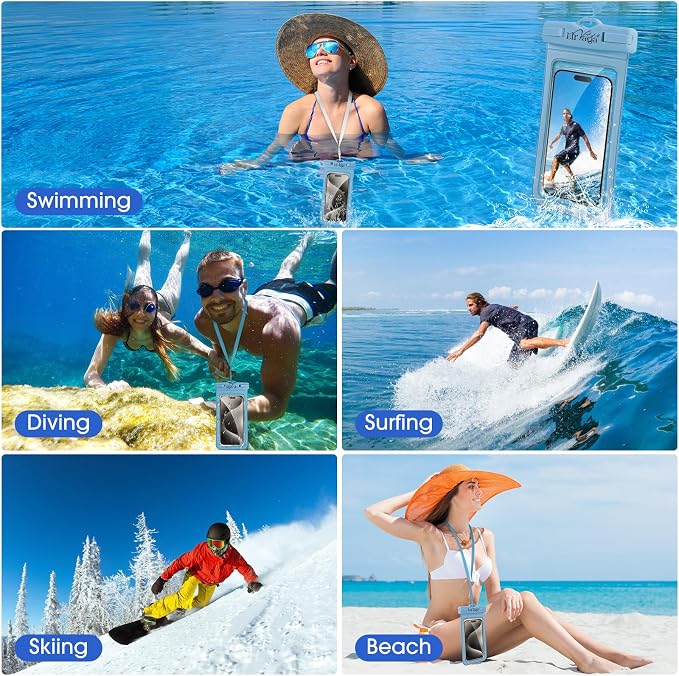 2 Pack IPX8 Waterproof Phone Pouch for iPhone 16/15/14/13 Pro Max Plus (7.2 Inch) - Swimming, Diving, Snorkeling, Snowproof - Touchscreen Friendly Underwater Photography Dry Bag (Blue&Blue)