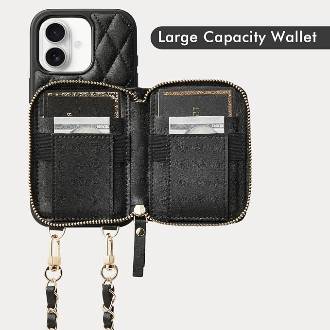 LAMEEKU for iPhone 17 Wallet Case with Strap, Card Holder Quilted Crossbody Leather Zipper Cover for Women 6.3'' Black