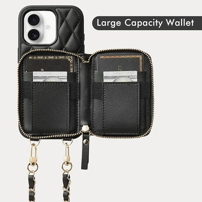LAMEEKU for iPhone 17 Wallet Case with Strap, Card Holder Quilted Crossbody Leather Zipper Cover for Women 6.3'' Black