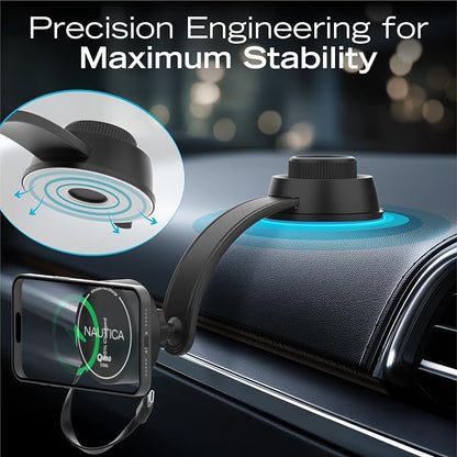 Nautica Turan QMAG Cord - Wireless Magnetic Car Charger 15W with Built-in Retractable USB-C Cable, Universal Fast Charging Phone Mount, Dashboard & Vent Mount for iPhone 17, Galaxy S25, Pixel 10