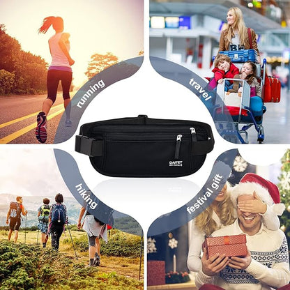 RFID Blocking Money Belt for Men Women, Slim Fanny Pack For Travel，Running,Conceal Waist Wallet For Passport Holder,Phone,Cash(Dark Black)