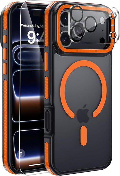 Strong Magnetic for iPhone 17 Pro Case with 1x Screen Protector + 1x Camera Cover [Military-Grade Protection] Compatible with MagSafe Slim Thin Phone Cover for iPhone 17 Pro 6.3 inch, Orange Bumper