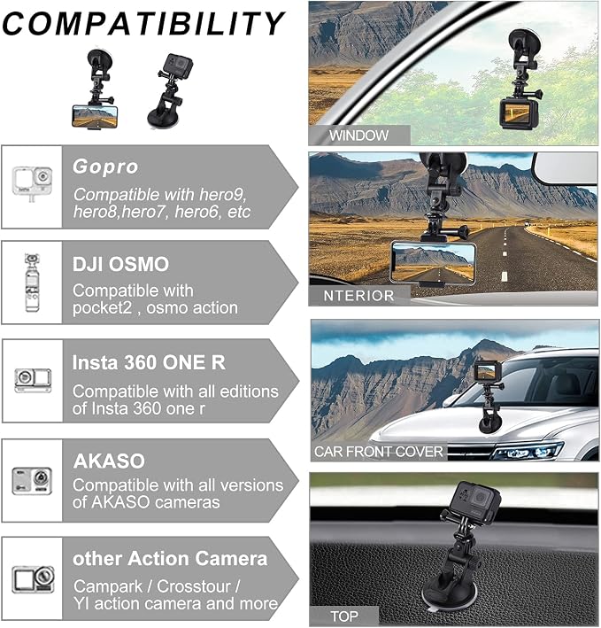 PULUZ Suction Cup Mount for Gopro Car Mount, Adjustable Vehicle Window & Windshield Mount Holder, Compatible with GoPro Hero 12 11 10 9 8 7/Insta360 X3 x2/DJI OSMO Action Camera Mount