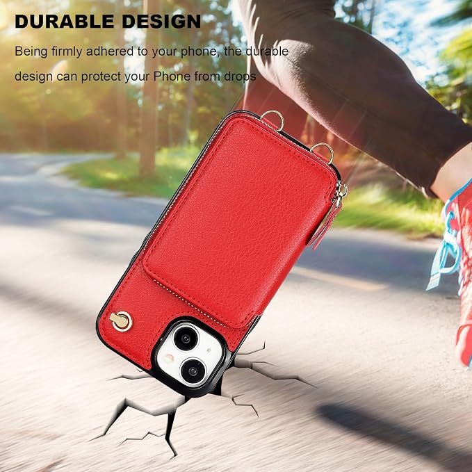 Bocasal Crossbody Wallet Case for iPhone 15, RFID Blocking Leather Purse Case with Card Holder, Protective Handbag Flip Cover with Zipper Wrist Strap Lanyard for Women 5G 6.1 Inch (Red)