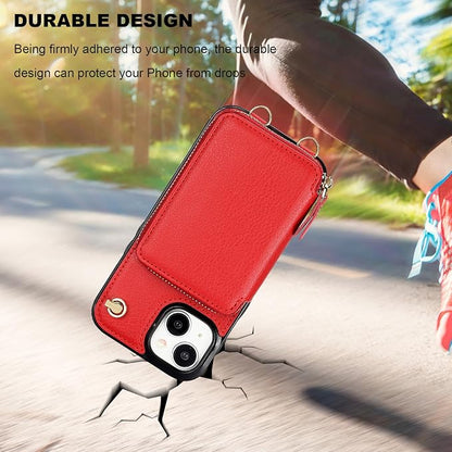 Bocasal Crossbody Wallet Case for iPhone 15, RFID Blocking Leather Purse Case with Card Holder, Protective Handbag Flip Cover with Zipper Wrist Strap Lanyard for Women 5G 6.1 Inch (Red)