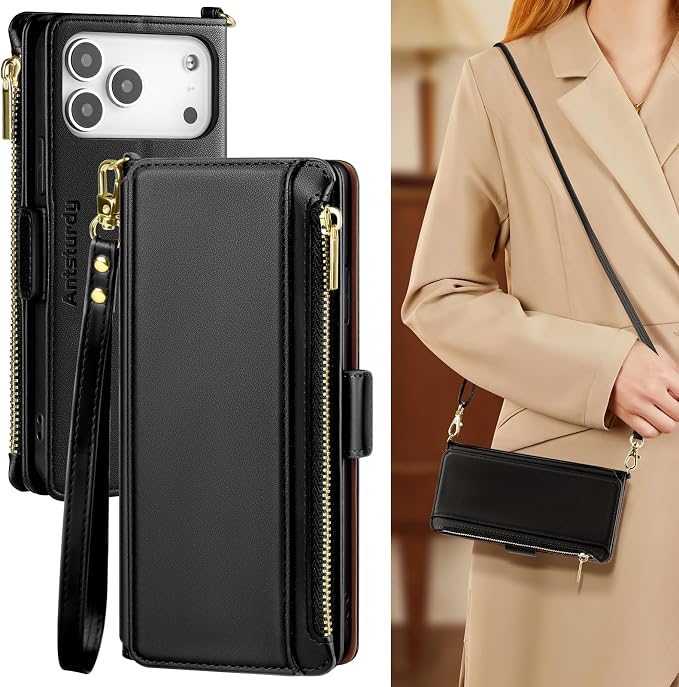 Antsturdy Compatible with iPhone 17 Pro Wallet Case for Women【RFID Blocking】 Crossbody Phone Case PU Leather Zipper with Wrist Strap Flip Folio Cover Credit Card Holder for Apple 17 Pro 6.3",Black