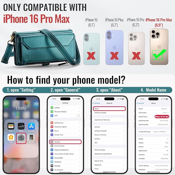 Strapurs Wallet Case Compatible with iPhone 16 Pro Max 6.9" RFID Blocking 10-Card Holder Soft PU Leather Magnetic Snap Shoulder Strap Zipper Pocket Phone Case Fit for iPhone 16 Pro Max - Blue Green