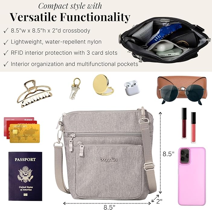 Baggallini Modern Pocket Crossbody Bag for Women, 8.5"x8.5" Handbag Purse with RFID, Lightweight Water-Resistant