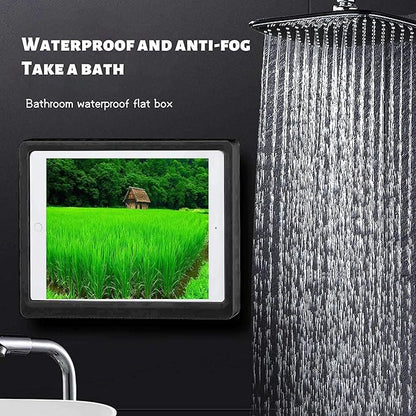 Shower Tablet Holder Waterproof Compatible with Ipad, Wall Mounted Bathroom Tablet Case 360° Rotation,Adhesive Touchable Cradle with Glass Anti-Fog Screen for Bathtub Kitchen White R