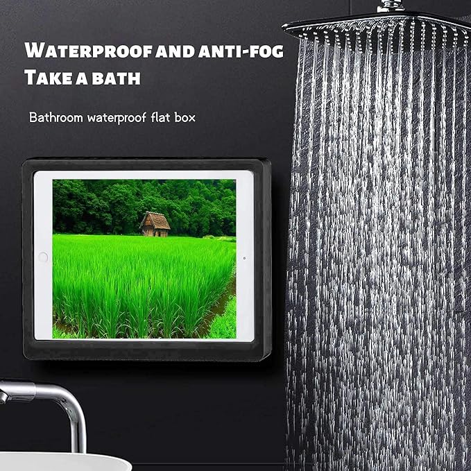 Shower Tablet Holder Waterproof Compatible with Ipad, Wall Mounted Bathroom Tablet Case 360° Rotation,Adhesive Touchable Cradle with Glass Anti-Fog Screen for Bathtub Kitchen Black R