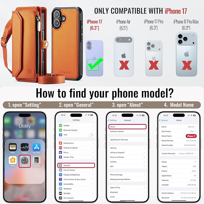 Strapurs for iPhone 17 Detachable Wallet Case Compatible with Magsafe for Women, RFID Blocking 9-Card Holder Zipper Wrist Strap Lanyard PU Leather Magnetic Phone Case for iPhone 17 6.3", Orange