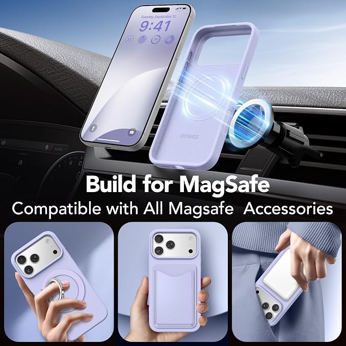 GONEZ Magnetic for iPhone 17 Pro Case, Compatible with MagSafe, [Screen Protector + Camera Lens Protector], Liquid Silicone Anti-Scratch Shockproof Protective Phone Case 6.3 inch, Lilac