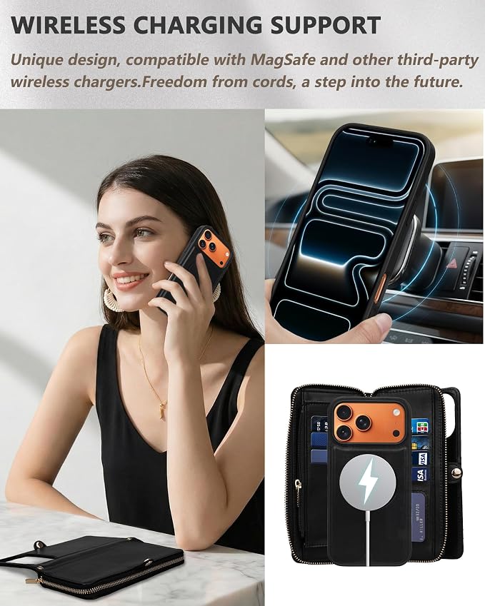 Rssviss Crossbody Wallet Case for iPhone 17 Pro Max with Wrist Strap, Detachable Zipper Purse, Magnetic Flip RFID Blocking Card Holder, Wireless Charging Removable Cover for Men Women 6.9", Black