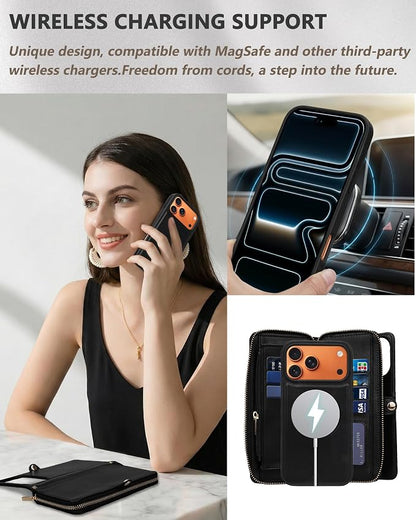 Rssviss Crossbody Wallet Case for iPhone 17 Pro Max with Wrist Strap, Detachable Zipper Purse, Magnetic Flip RFID Blocking Card Holder, Wireless Charging Removable Cover for Men Women 6.9", Black