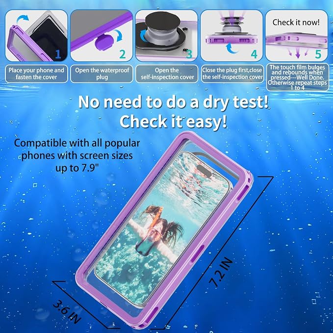 Premium Waterproof Phone Pouch with Lanyard,7.5'' Floating Waterproof Phone Case/Bag for Snorkeling IPX8/Underwater HD Photo/Touch Compatible with iPhone 17/16/15/14 Pro Max Samsungs-Purple