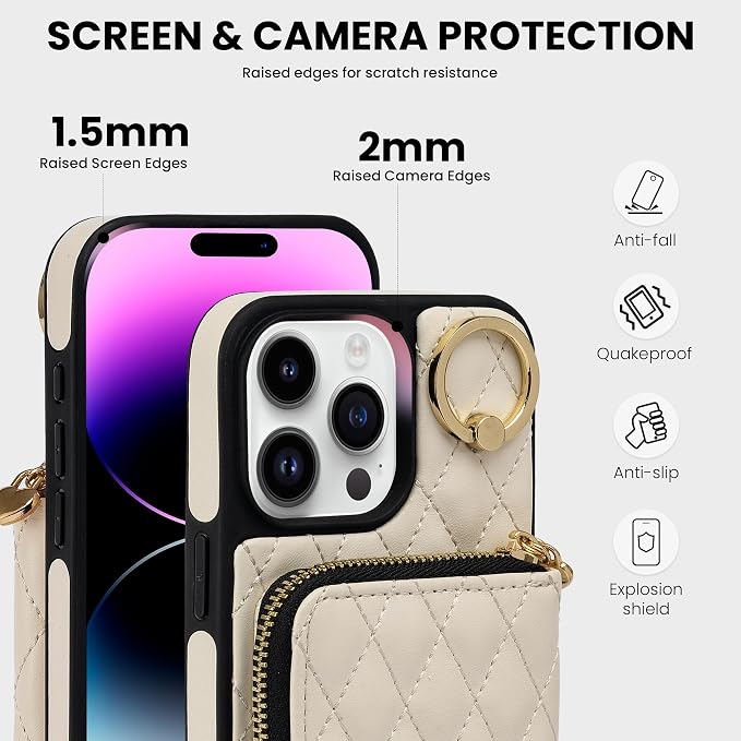 Keallce Case for iPhone 15 Pro Max 6.7'' Wallet Case, Crossbody Zipper Purse Handbag Wristlet for Women, RFID Blocking Card Holders, 360° Ring Kickstand Flip Leather Cover for iPhone 15 Pro Max, Beige