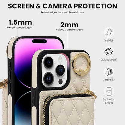 Keallce Case for iPhone 15 Pro Max 6.7'' Wallet Case, Crossbody Zipper Purse Handbag Wristlet for Women, RFID Blocking Card Holders, 360° Ring Kickstand Flip Leather Cover for iPhone 15 Pro Max, Beige