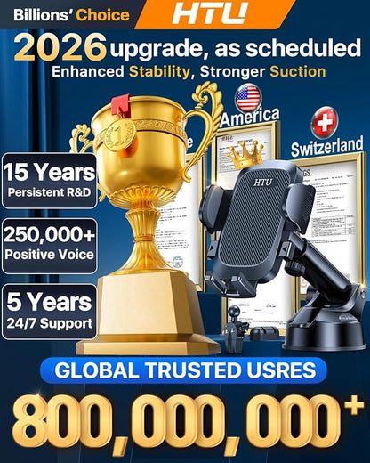 HTU 2026 Ultimate Best【True Military-Grade & Safety Cert】 Universal Cell Phone Holder Truck Car Mount for Dashboard Windshield Air Vent for iPhone 17 16 Pro Max 15 Samsung 2pcs,Black