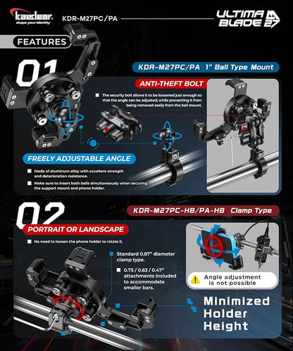 Kaedear Motorcycle Phone Mount, Aluminum, Premium Phone Holder, Anti-Vibrations, Quick Release Button, Durable, Anti-Theft Mount, Ultima Blade KDR-M27PC-BK (Black)