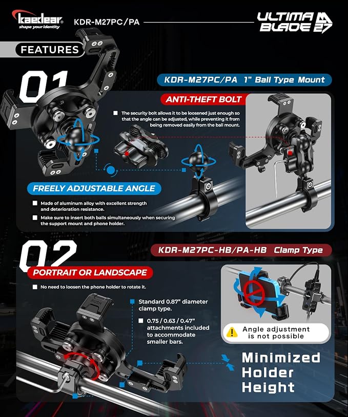 Kaedear Premium Motorcycle Phone Mount, Ql Wireless Charging, Aluminum, Anti-Vibrations, USB Charging, Quick Release Button, Durable, Anti-Theft Mount, Ultima Blade KDR-M27PA-BK (Black)