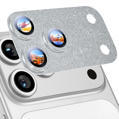 Uyiton for iPhone 17-Pro Camera-Lens Protector: Bling [Not Easy to Break][Strong Adsorption][Case-Friendly] Metal Tempered Glass Rear Camera Screen Cover - Glitter Silver