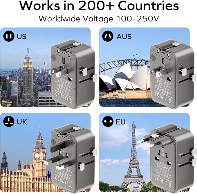 MOMAX 1-World Pocket Universal Travel Adapter – Ultra-Thin, Stylish & Mini GaN Charger, 25W Fast Charging, 5 Ports: 2 USB-C + 2 USB-A + AC, Foldable Plug, Worldwide Voltage, Misty Gray (1-Pack)