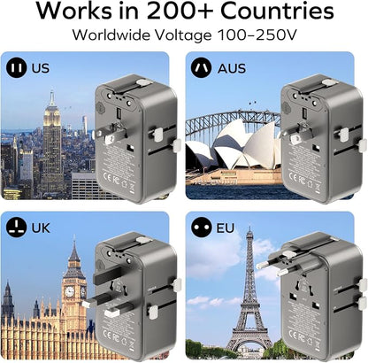 MOMAX 1-World Pocket Universal Travel Adapter – Ultra-Thin, Stylish & Mini GaN Charger, 25W Fast Charging, 5 Ports: 2 USB-C + 2 USB-A + AC, Foldable Plug, Worldwide Voltage, Misty Gray (1-Pack)
