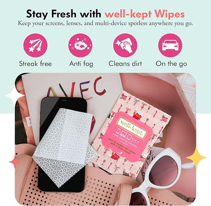 Well-Kept Tech & Lens Wipes - Eyeglass, Screen & Phone Cleaning, Multi-Surface, Lint-Free, Pre Moistened, Streak-Free & Non Scratching - Choupette, 12 Pack (180 Count)