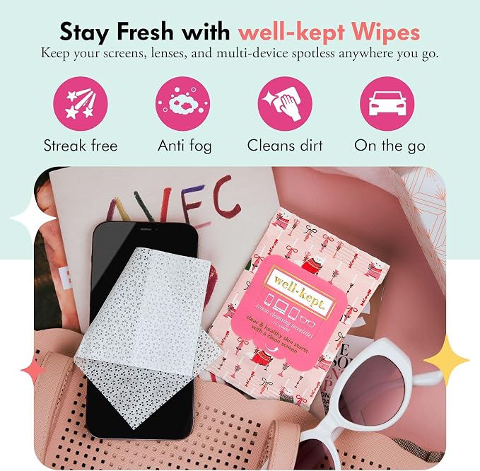 Well-Kept Tech & Lens Wipes - Eyeglass, Screen & Phone Cleaning, Multi-Surface, Lint-Free, Pre Moistened, Streak-Free & Non Scratching - Choupette, 6 Pack (90 Count)