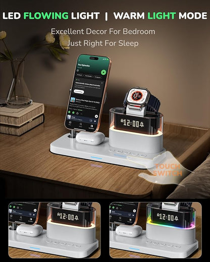 Compatible with Qi2 Certified Wireless Charging Station with Alarm Clock and Night Light,15W Fast 5 in 1 Mag-Safe Charger Stand for iPhone 16 15 14 13 12 Pro Max,Apple Watch,Air-Pods(White)
