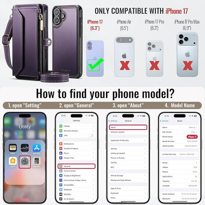 Strapurs for iPhone 17 Detachable Wallet Case Compatible with Magsafe for Women, RFID Blocking 9-Card Holder Zipper Wrist Strap Lanyard PU Leather Magnetic Phone Case for iPhone 17 6.3", Purple