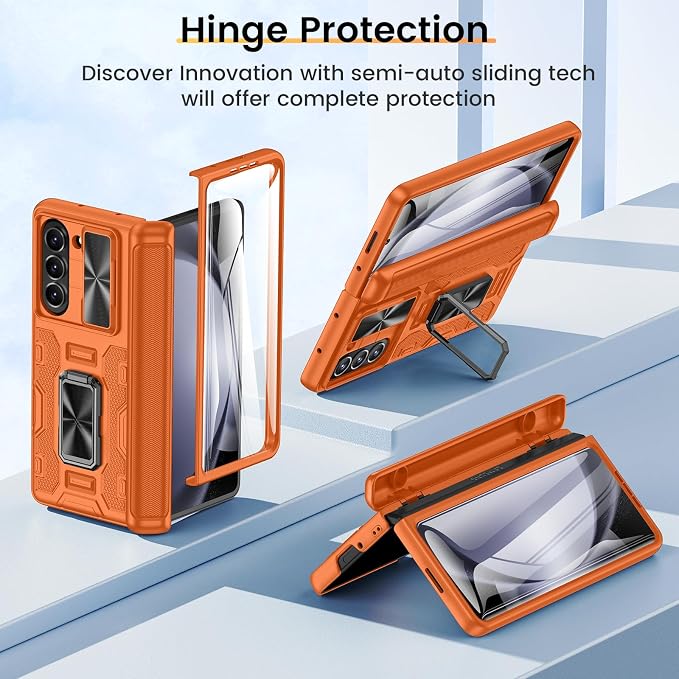 VEGO for Galaxy Fold 5 Case,with Slide Camera Cover Screen&Hinge Protector | Full Body Protection Shockproof Magnetic Kickstand Hard Phone Case for Samsung Galaxy Z Fold 5 2023-Orange