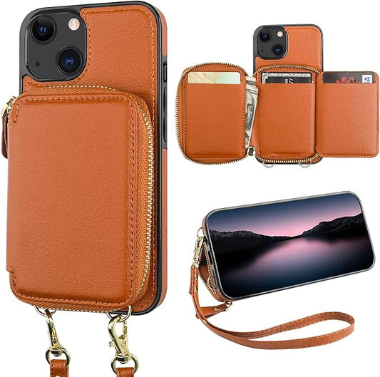 Bocasal RFID Blocking Wallet Case for iPhone 14 iPhone 13, Adjustable Crossbody Zipper Purse Case Card Holder with Kickstand Detachable Wrist Strap, PU Leather Flip Folio Case 6.1 Inch 5G (Brown)