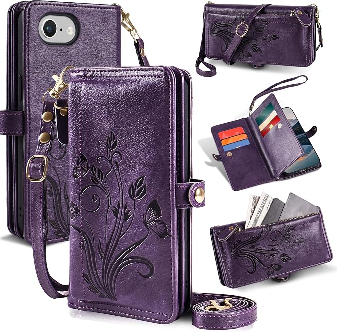 Lacass for iPhone 16e/17e Case Wallet,[Cards Theft Scan Protection] Card Holder Zipper Leather Flip Cover Crossbody Wrist Strap with Stand (Floral Dark Purple)