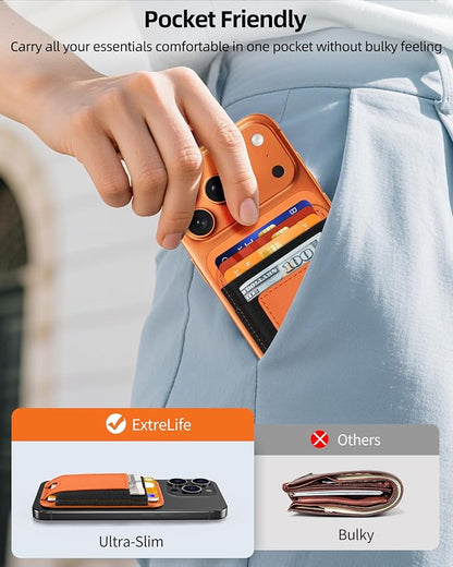 ExtreLife Upgraded for Magsafe Wallet, Stronger Magnetic Wallet for iPhone 17/16/15/14/13/12 Series, for iPhone Magsafe Wallets, RFID Blocking, Vegan Leather, Fit 7 Cards, Orange+Black
